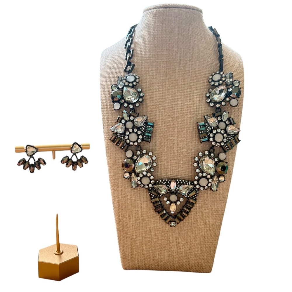 Elegant Silver Black Rhinestone Statement Necklace and Earring Set 21” Art Deco